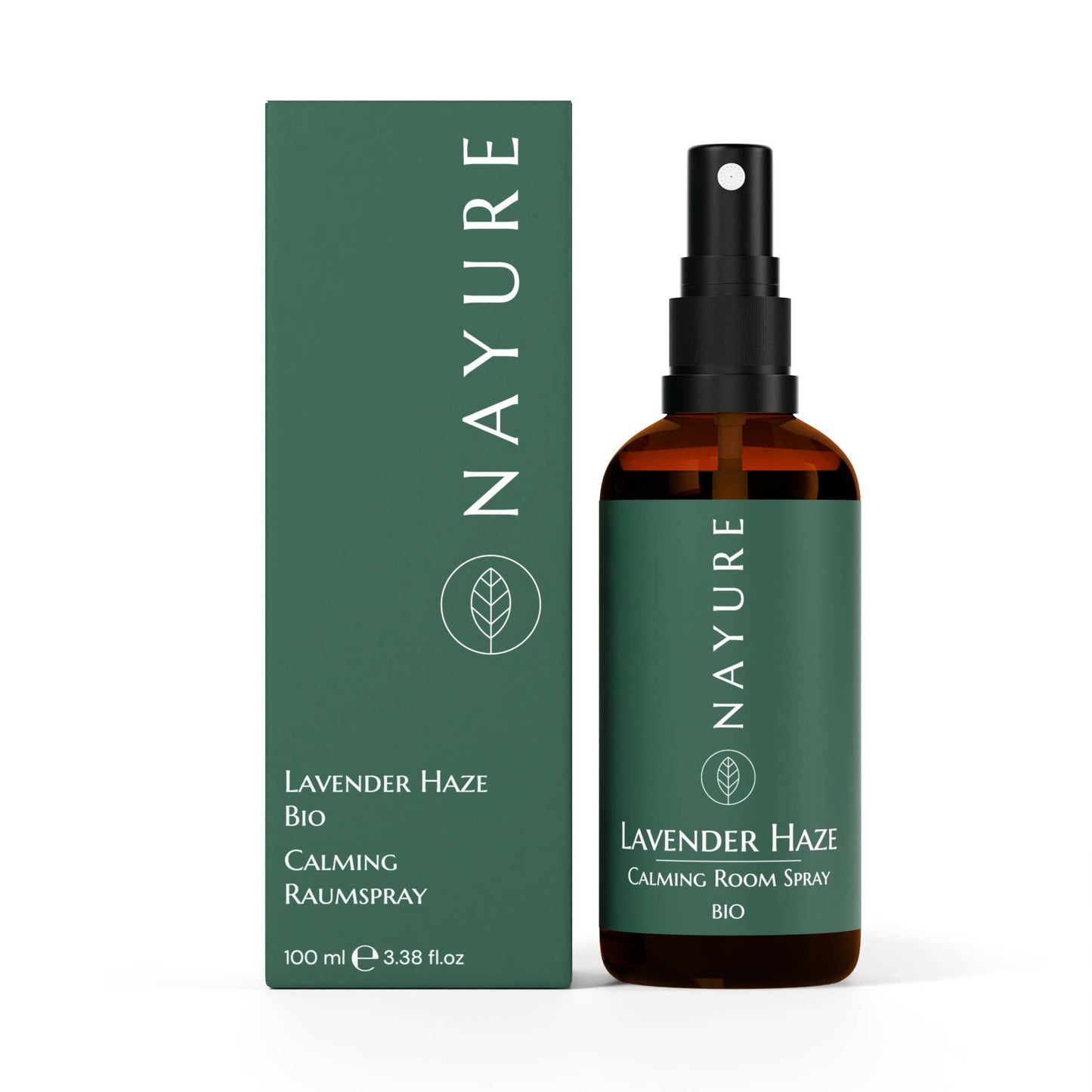 Lavendel rom spray med 100% eteriske oljer - Front bilde stånde med boks vedsiden