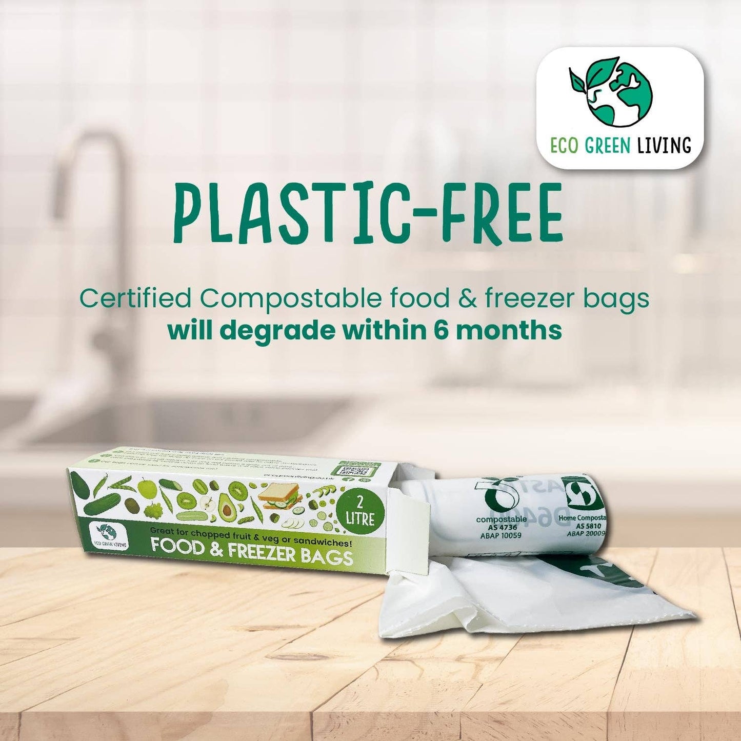 kompostbar matpose som er plastfri 4L, natrulig plantbasert-frontbilde av matpose av plantebasert materialle, nedbrytbar og fornybar, bærkraftig produkt til hjemmet-the organic way.