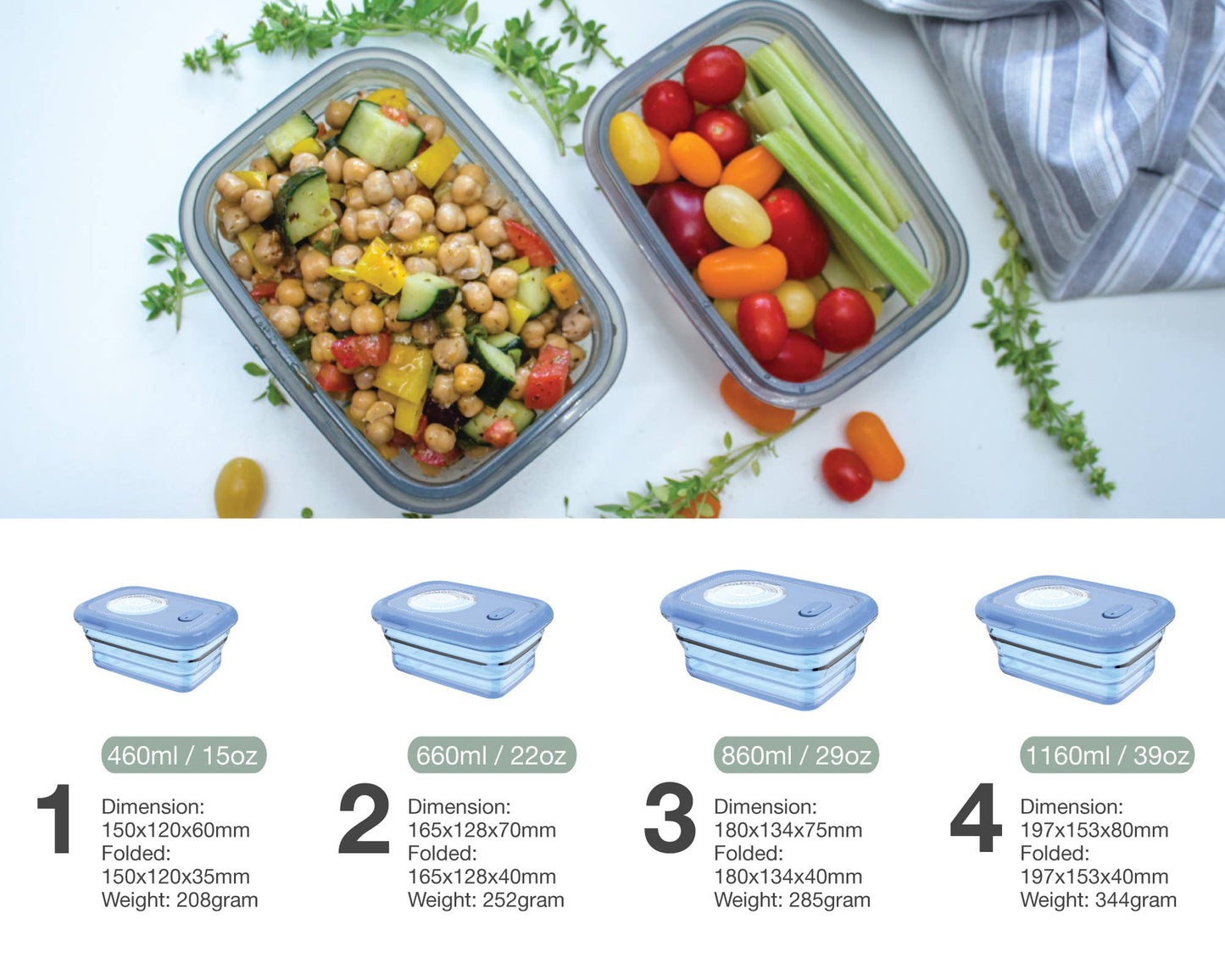 460ml sammenleggbar boks i silikon - Clear - Lev Logisk