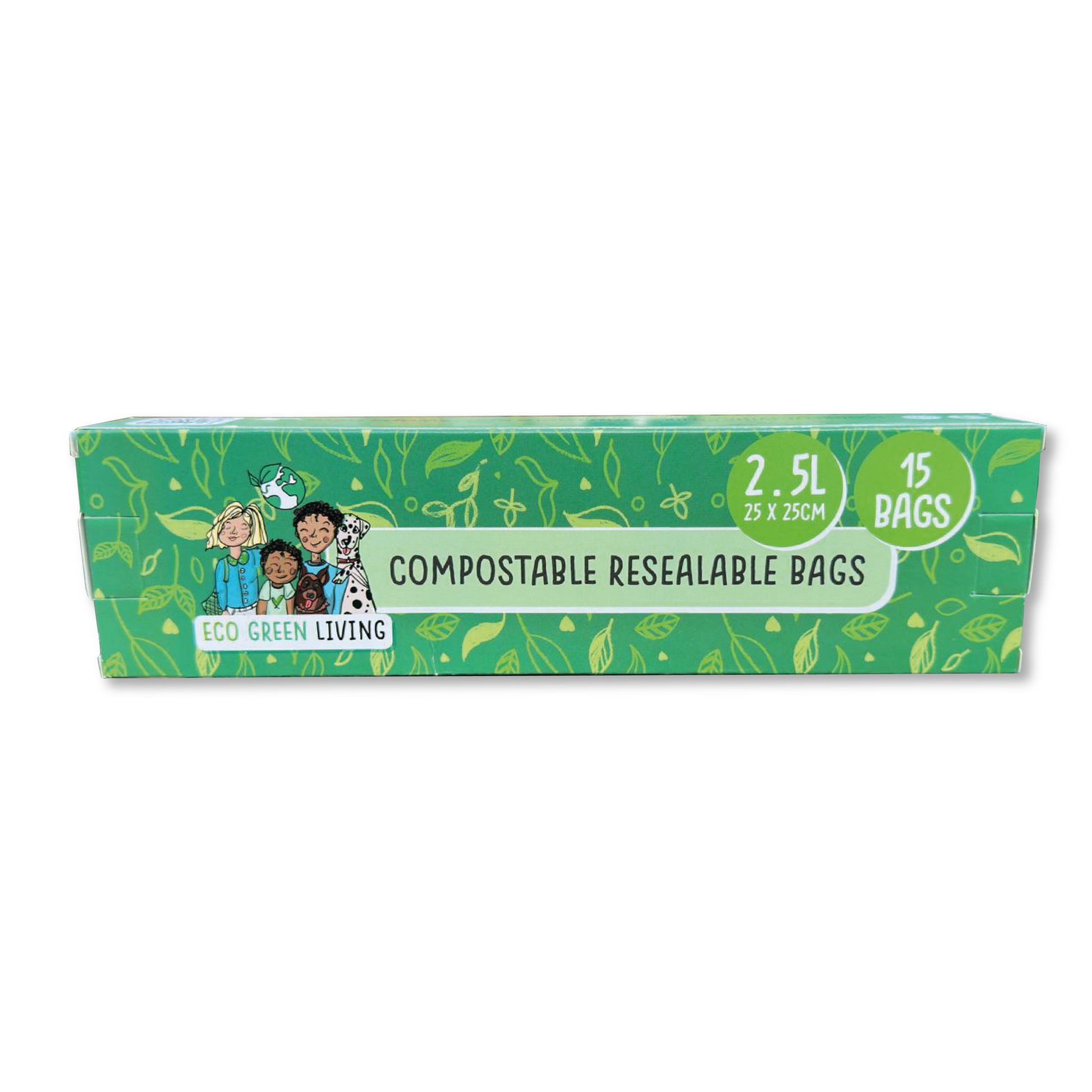 Komposterbare 2,5L gjenlukkbare poser – plastfrie, miljøvennlige og nedbrytbare-Forntbilde av eske med poser i nedbrytbar plantbasert materialle-The organic way.