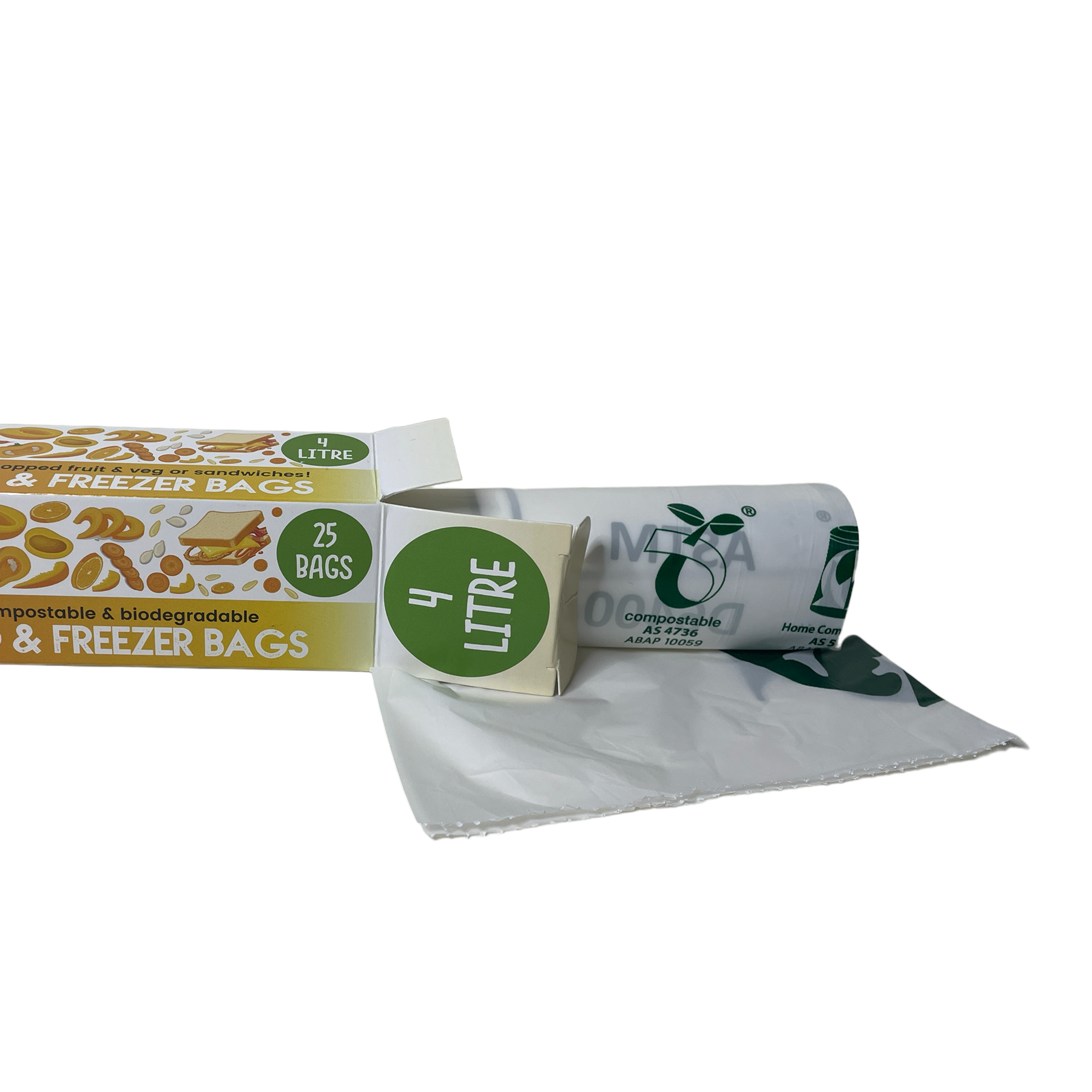 25pakkning med komposerterbare mat og fryser poser som rommer 4Liter-Front bilde av matposer i plantebasert materialle, bærekraftig, naturlig, matsikker, mikroplastfri-The organic way