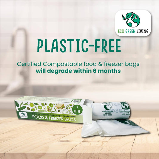kompostbar matpose som er plastfri 4L, natrulig plantbasert-frontbilde av matpose av plantebasert materialle, nedbrytbar og fornybar, bærkraftig produkt til hjemmet-the organic way.