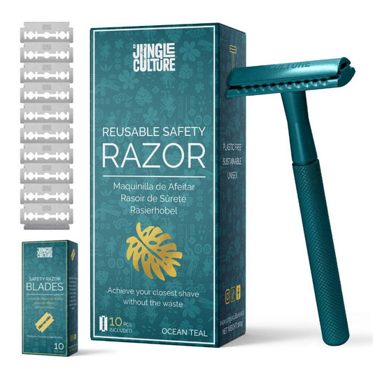 Barberhøvel + 10 stk barberblad - Teal - Lev Logisk