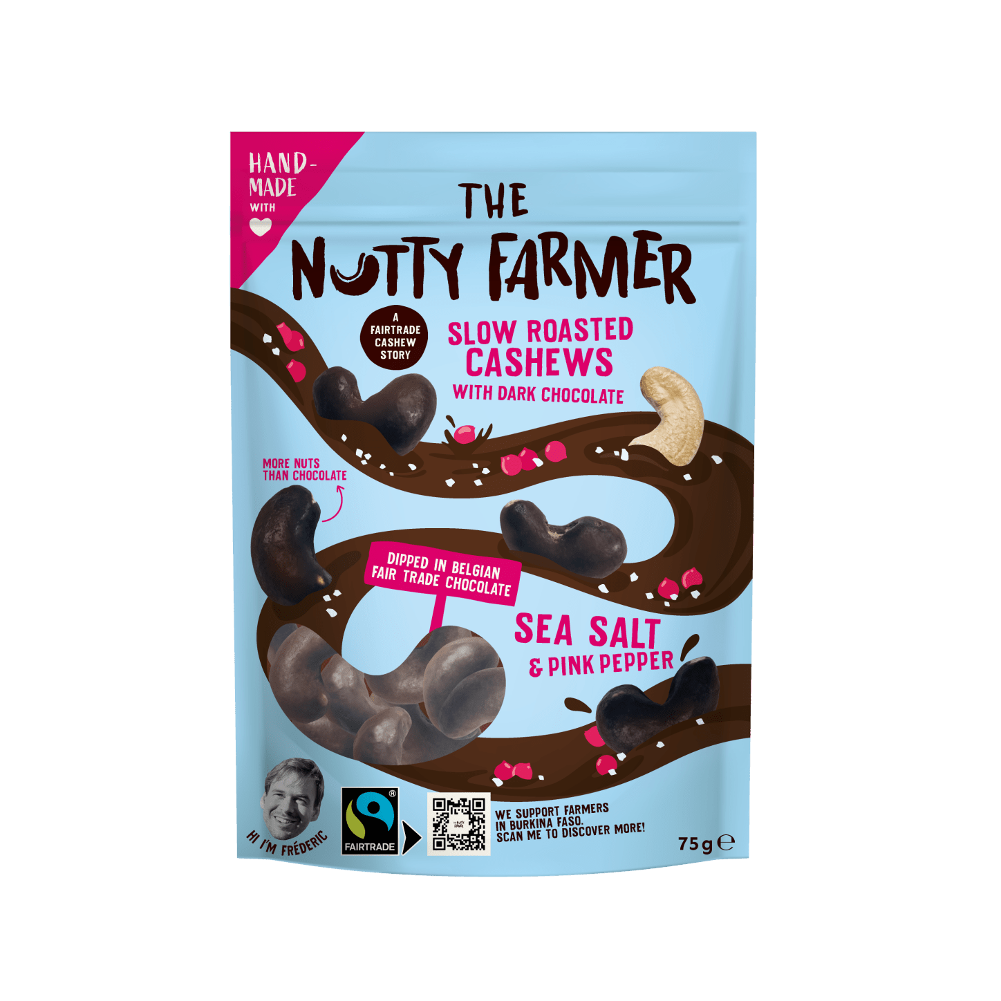 Sakte ristede cashewnøtter m/mørk sjokolade havsalt og rosa pepper - Lev Logisk