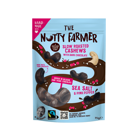 Sakte ristede cashewnøtter m/mørk sjokolade havsalt og rosa pepper - Lev Logisk