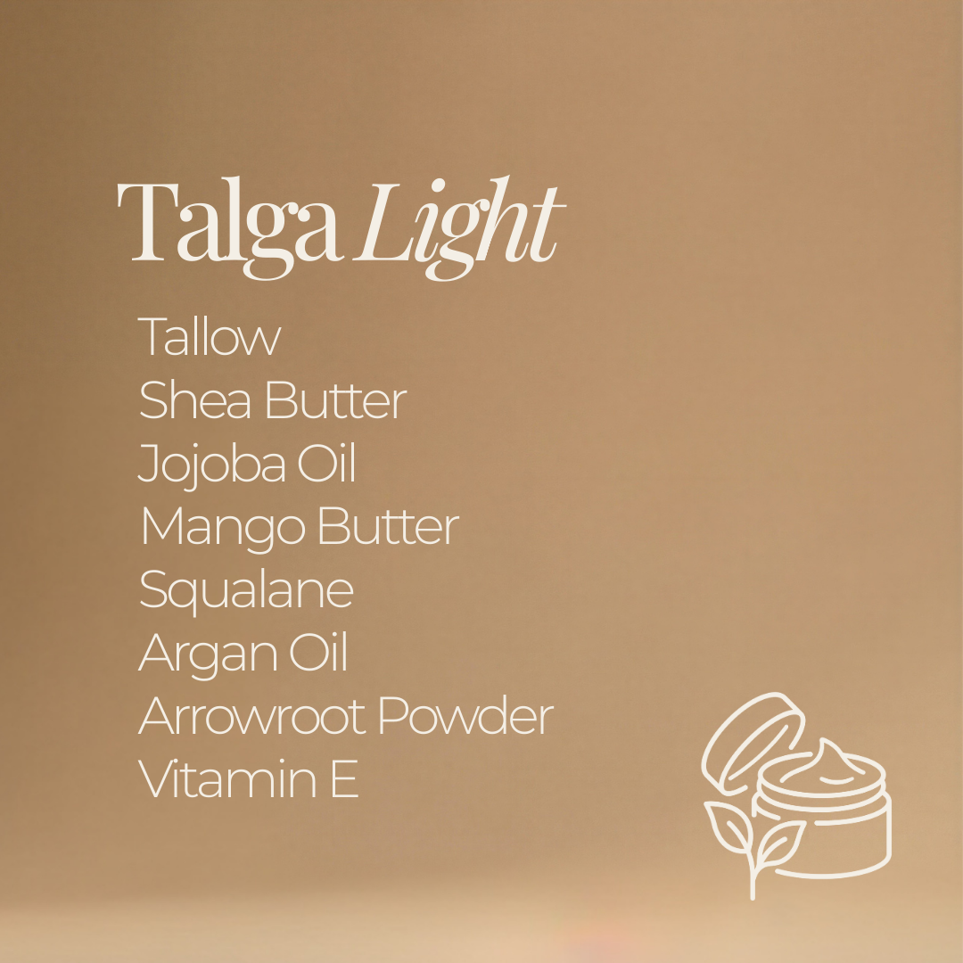 Talga Light ingredient list graphic: tallow, shea butter, jojoba oil, mango butter, squalane, argan oil, arrowroot powder, and vitamin E, with a small jar icon (Talga logo).