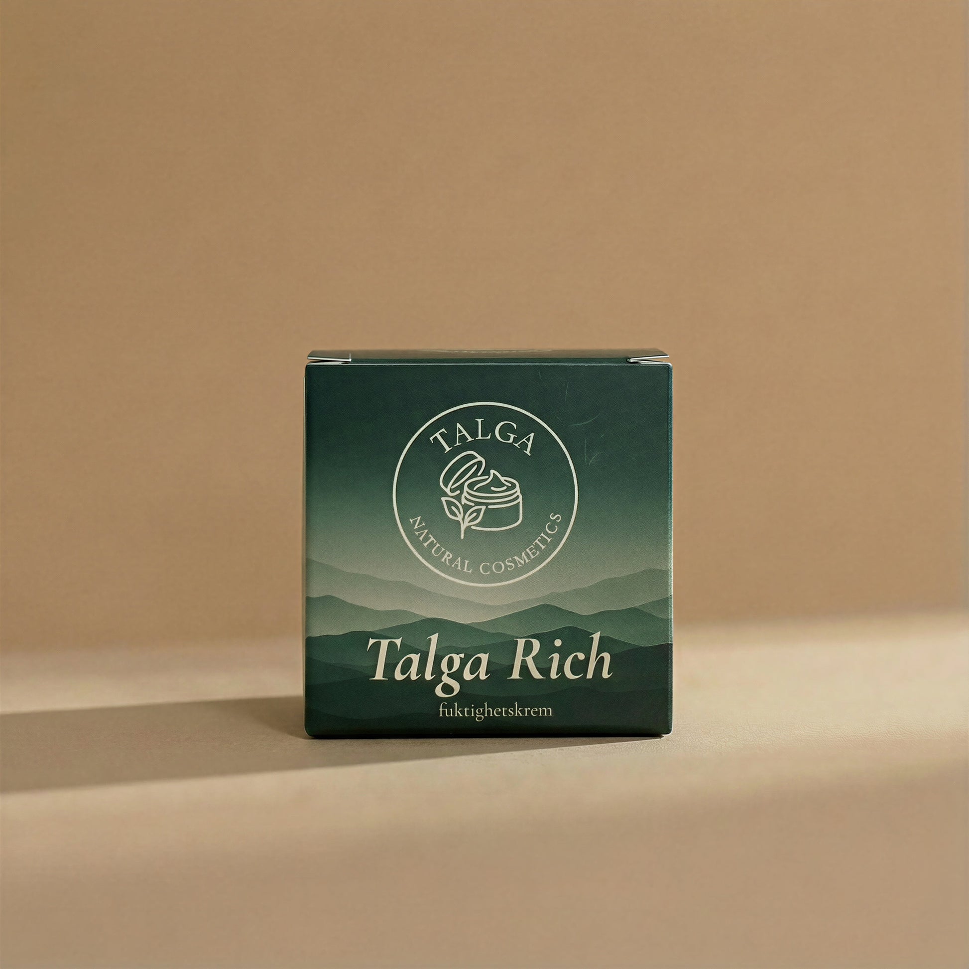 Front view of the Talga Rich fuktighetskrem box on a beige background with the Talga Natural Cosmetics logo.
